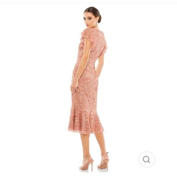 Mac Duggal - Rose Gold Sequined V-Neck Flutter Cap Sleeve Trumpet Dress mermaid - Picture 7 of 8